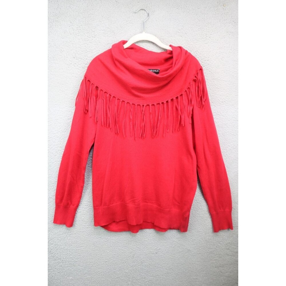 Peck & Peck Red Fringed Long Sleeve Cowl Neck Sweater-Large-Cotton Blend